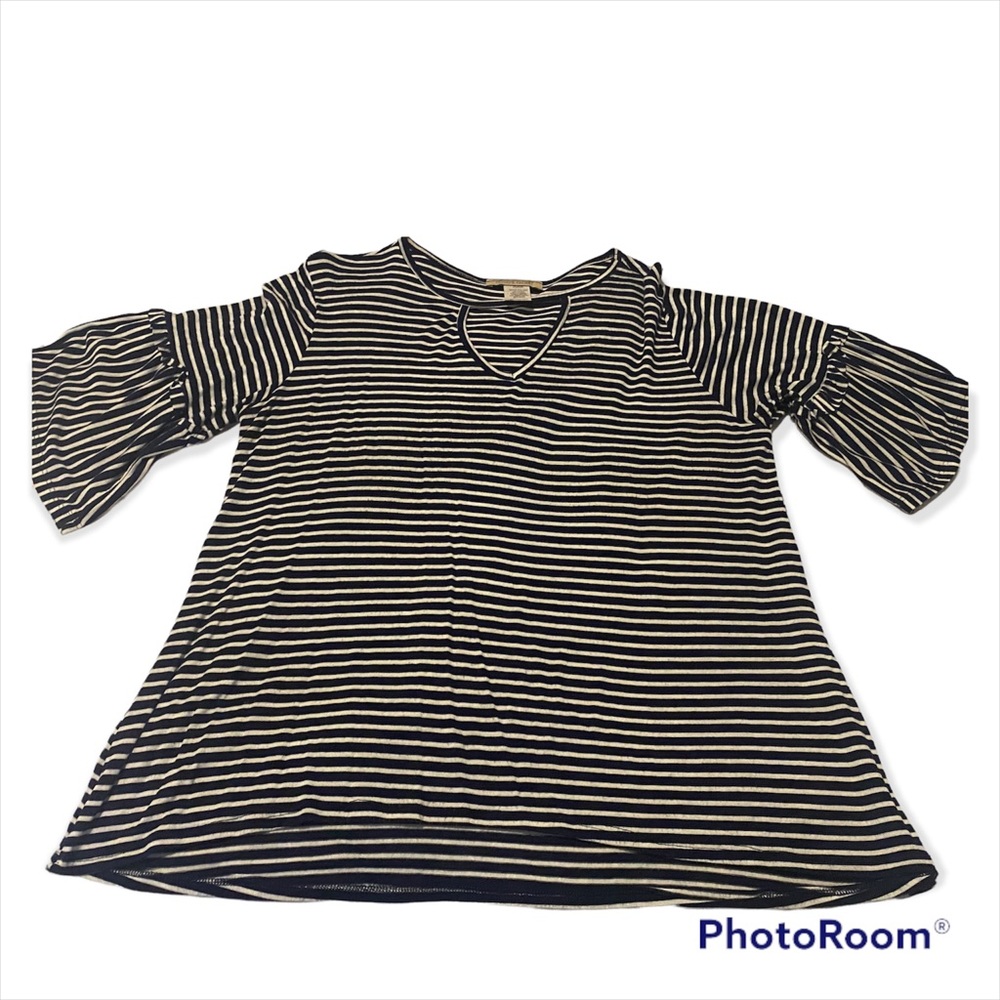 Navy and blue striped shirt. Light weight and comfy. Nautical style.